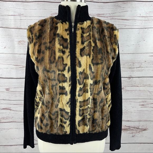 Lisa international Sweaters - Lisa International faux fur animal print sweater zip front high neck